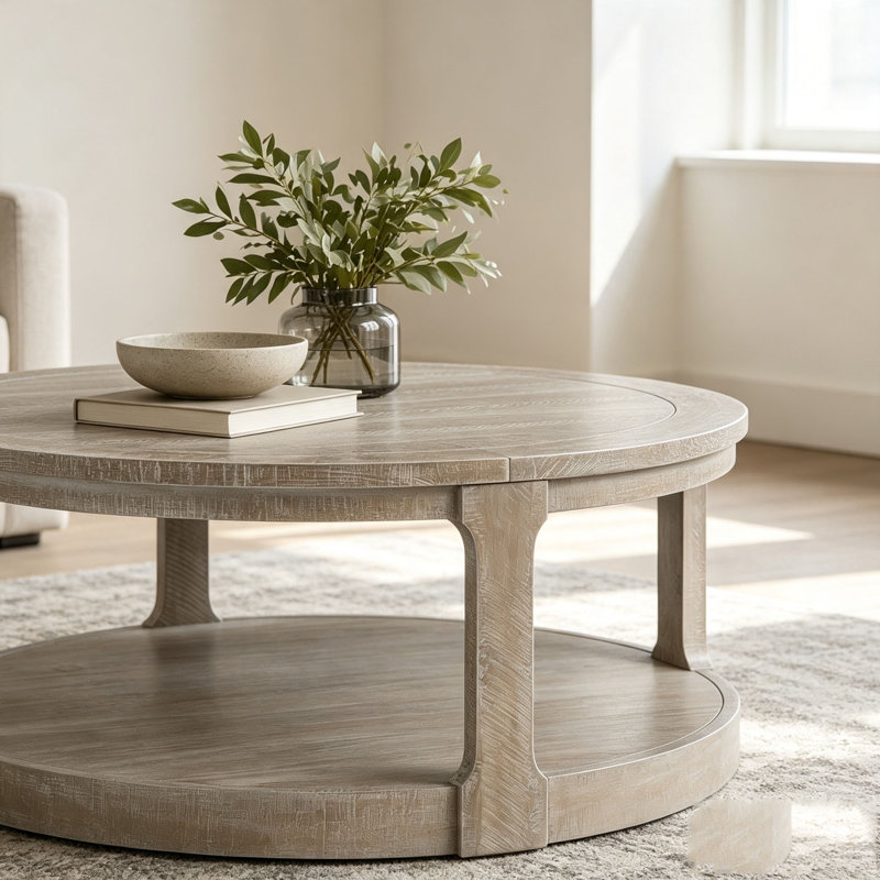 Grande table basse ronde à 2 niveaux 40 pouces avec roues, 1 table basse, Marron clair