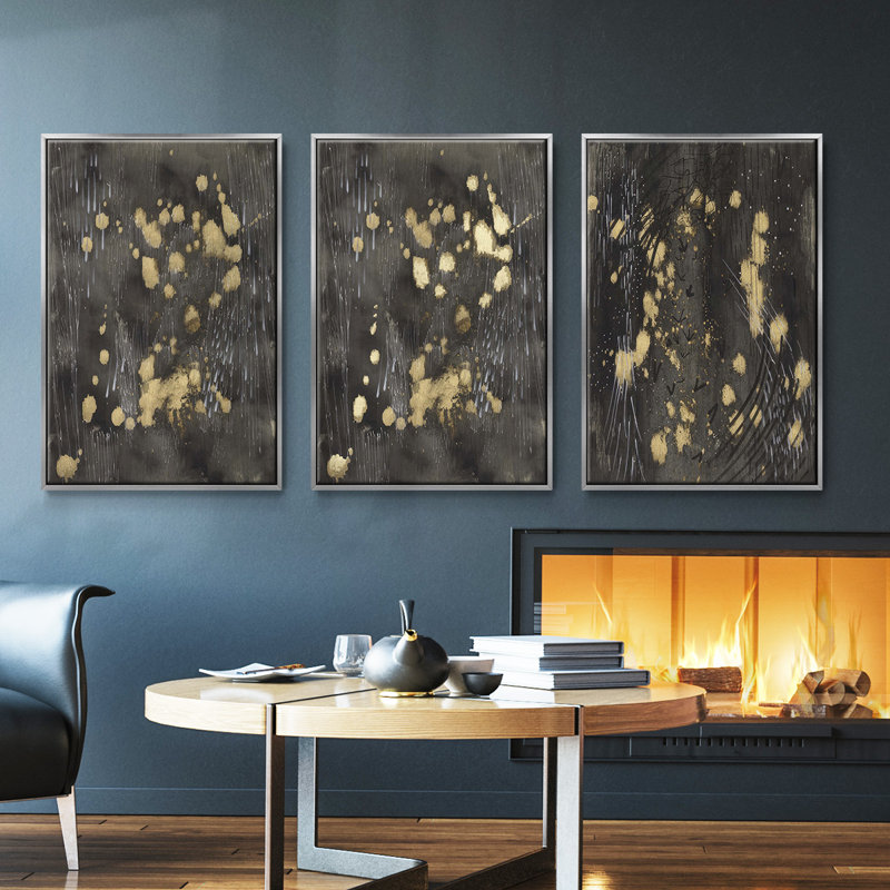 Cosmic Downpour, ensemble de 3 pièces encadrées sur toile, Argent, H 36 po x l 72 po