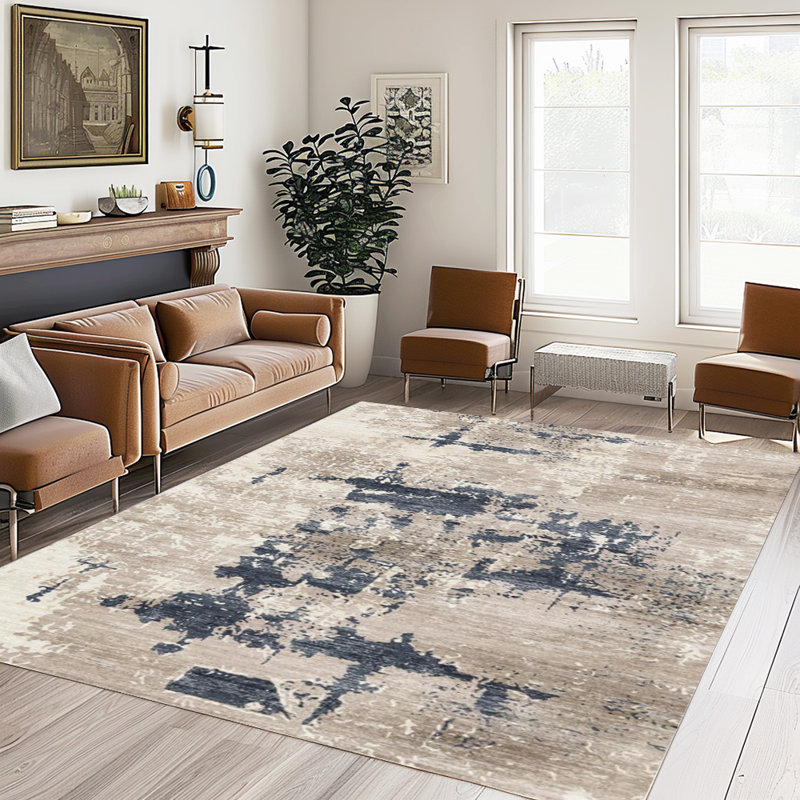 Modern Abstract Area Rug, Blue Grey Distressed Carpet with Non-Slip Backing, Stain-Resistant Durable Rug for Entryway, Living Room, Bedroom, Home Office (Multiple Sizes)