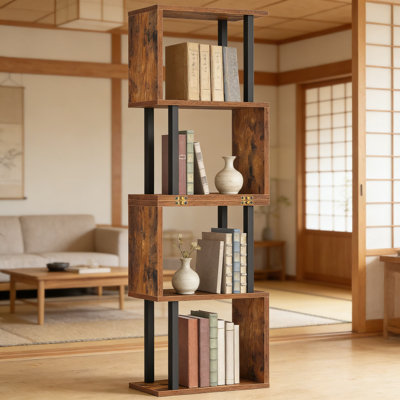 S-Shaped 5-Tier Bookshelf, Modern Geometric Bookcase With Foldable Design, Industrial Display Shelf For Home Office And Living Room Storage