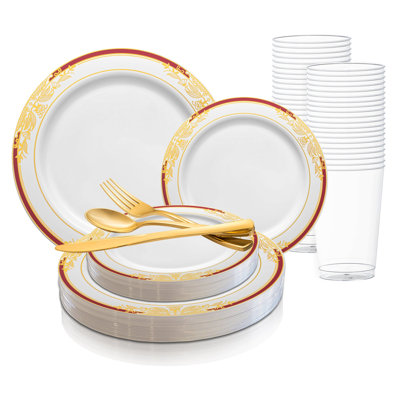Ensemble de 60 pièces en plastique blanc avec bordure harmonieuse bourgogne et or pour mariage