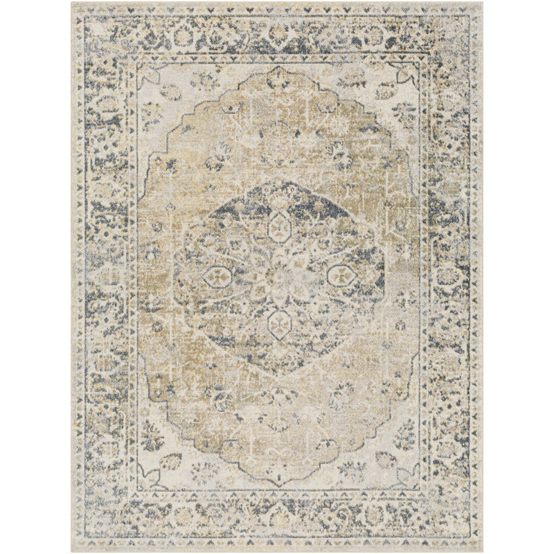 Belliveau Machine Washable Oriental Mustard/Gray Area Rug, Rectangle 2'3" x 3'9"