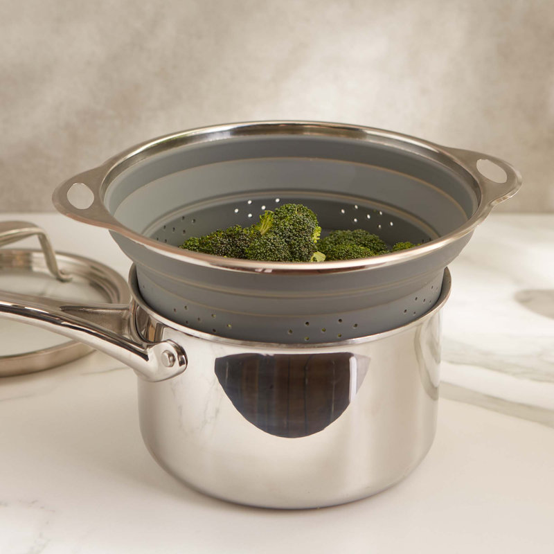 Gray Silicone and Stainless Steel Collapsible Colander, 9.5-inch