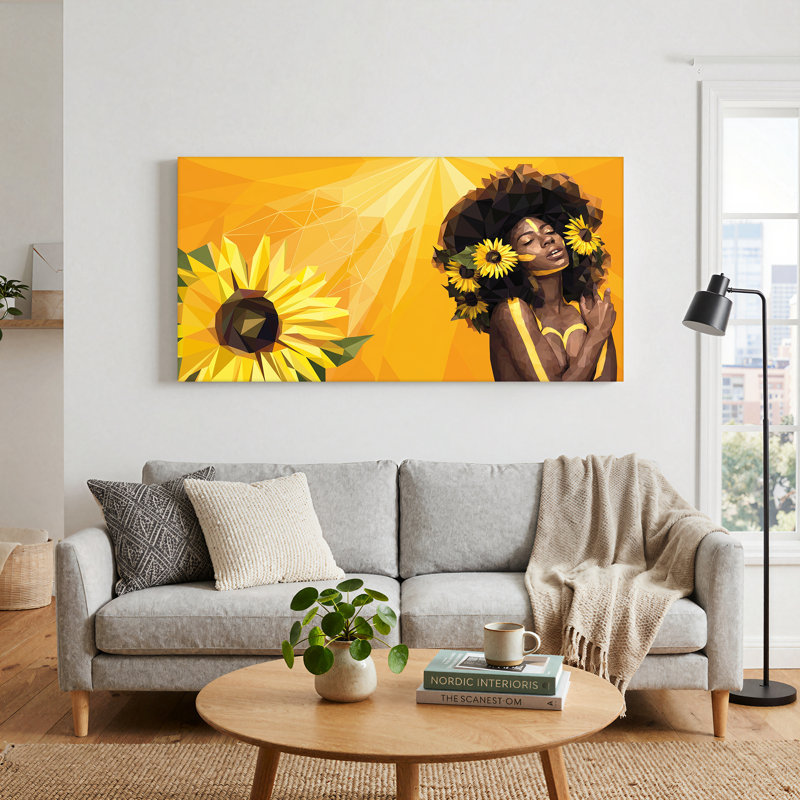 Femme aux tournesols, style low poly, tableau sur toile, 40“W x 20”H