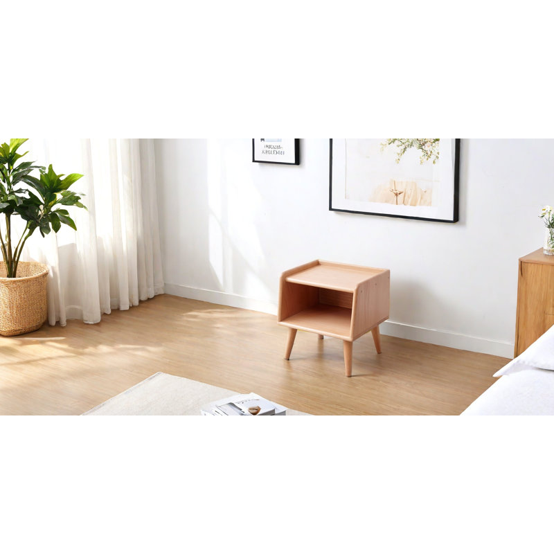 Scandinavian Solid Wood Nightstand - Natural Beech Storage Cabinet with Open Shelves & Cable Management