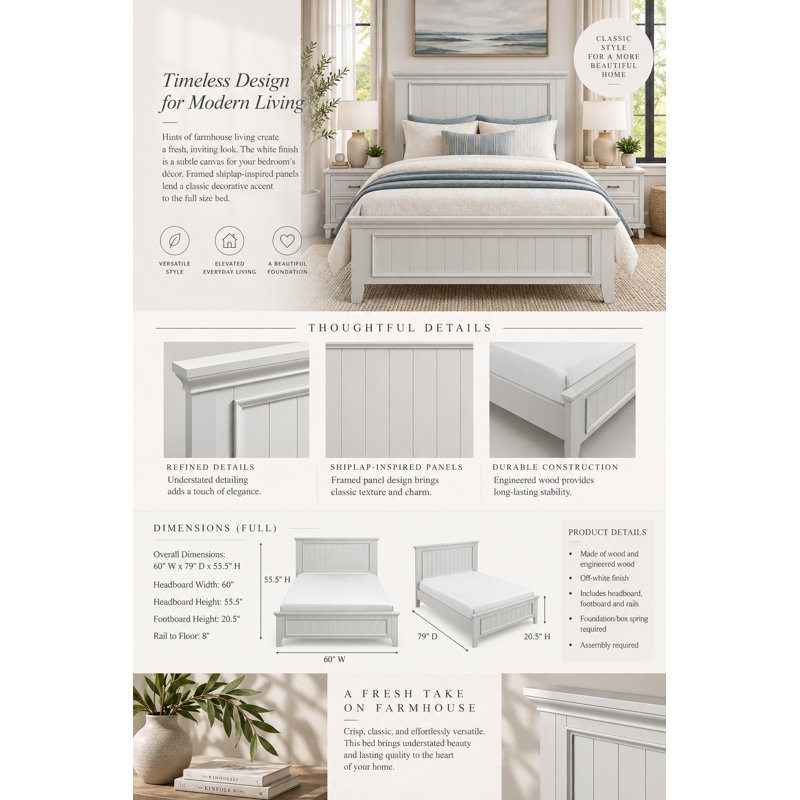 Monteith Shiplap-inspired Panel Bed in Off-White, Full