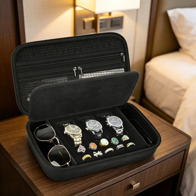 Organisateur de boîte à bijoux avec 3 compartiments à montre, 2 fentes pour lunettes, 10 porte-bagues et pochette en maille pour colliers