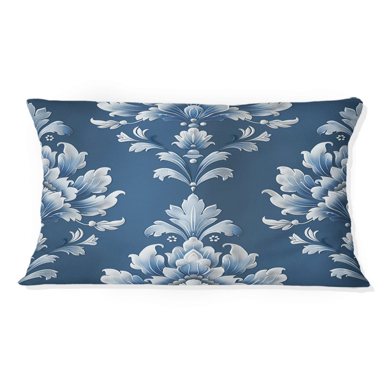 «Blue Whitetimeless Damask Art IV» - Coussin lombaire transitionnel