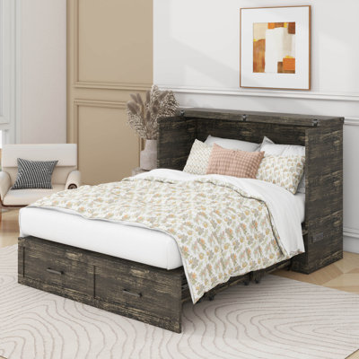 Murphy Bed With Charging Station, Multi-Functional Foldable Platform Bed With 1 Large Storage Drawer For Guest Room, Small Bedroom