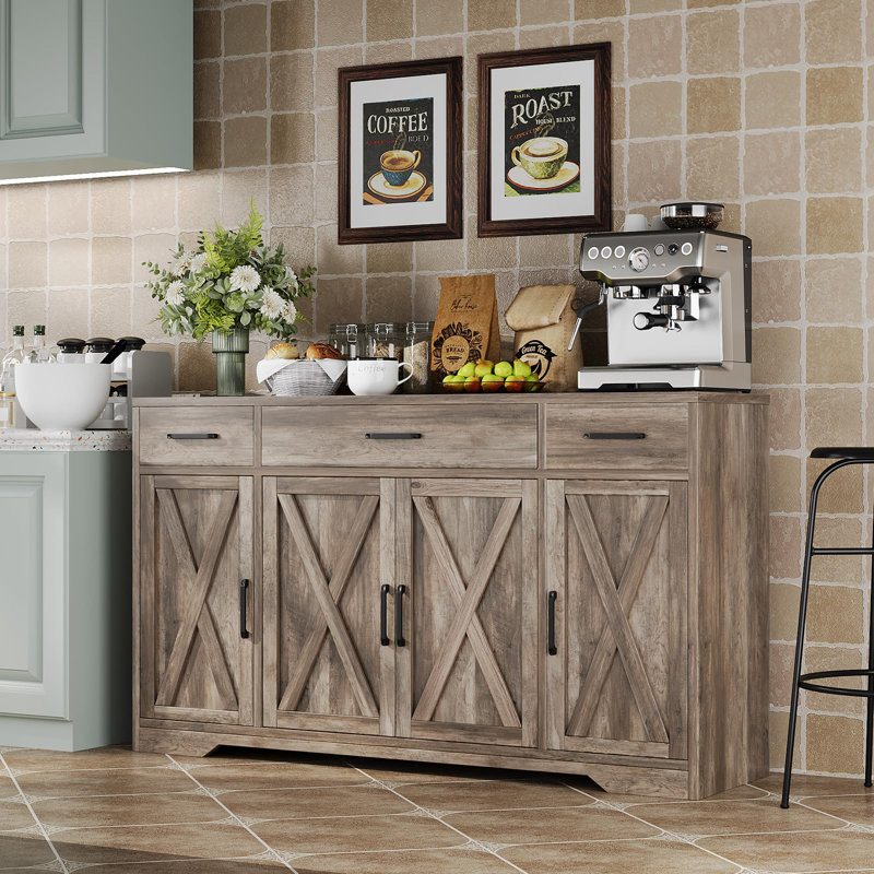 Buffet contemporain de 55 po à 4 portes, 3 tiroirs et tablettes réglables - Rangement polyvalent pour la cuisine, la salle à manger, le salon et le café - gris