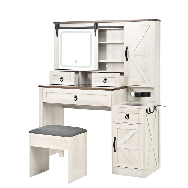 Vanity Desk with Sliding Mirror and Lights, White