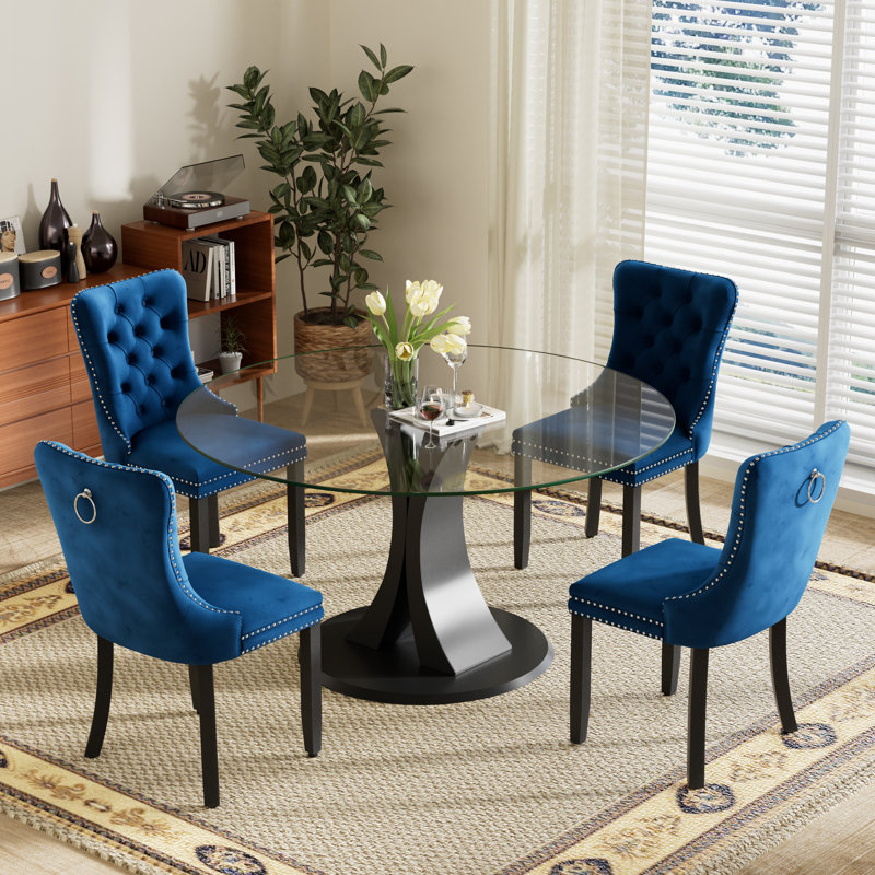 4-Piece Round Pedestal Dining Set, Blue, 29.5" H x 47" W x 47" D, Clear