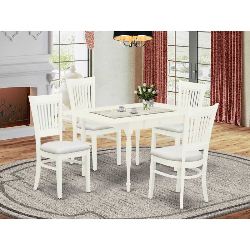 Ensemble de table de salle à manger 5 pièces moderne comprenant une table rectangulaire en bois avec Dropleaf et 4 chaises de salle à manger en lin, blanc lin