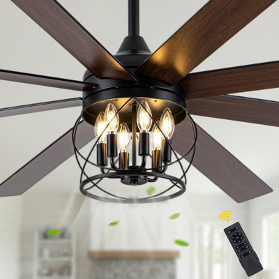 72" Black Farmhouse Caged Ceiling Fan with Light and Remote, Reversible 6-Speed Chandelier Fan for Living Room