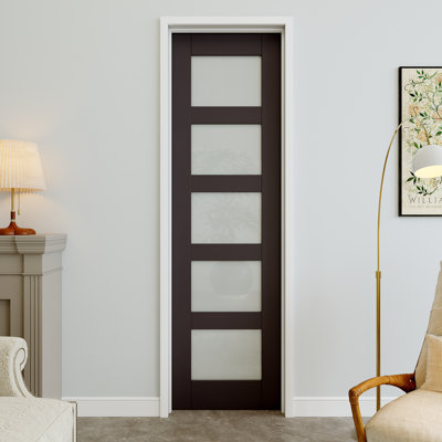 24" x 80" 5-Lite Black Frosted Glass Interior Prehung Door with Silver Hinges, Privacy Glass Door Slab, Sound-Dampening & Waterproof, Suit for Laundry, Closet Doors, Room Doors, Left Hand