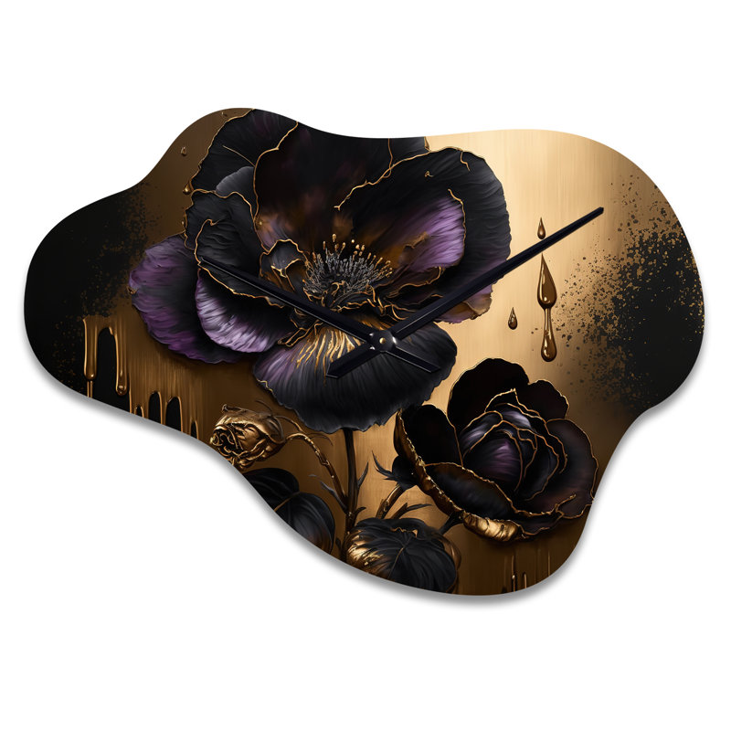 Noir et doré Violets II - Violet, horloge murale, Grand