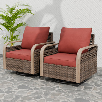 Outdoor Patio Brown Wicker Wood Grain Armrest Swivel Glider Chairs with Cushion Set of 2