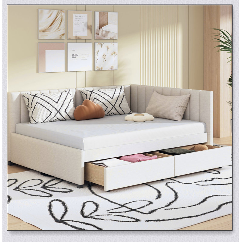 Full Upholstered Daybed With 2 Storage Drawers Sofa Bed Frame, Beige