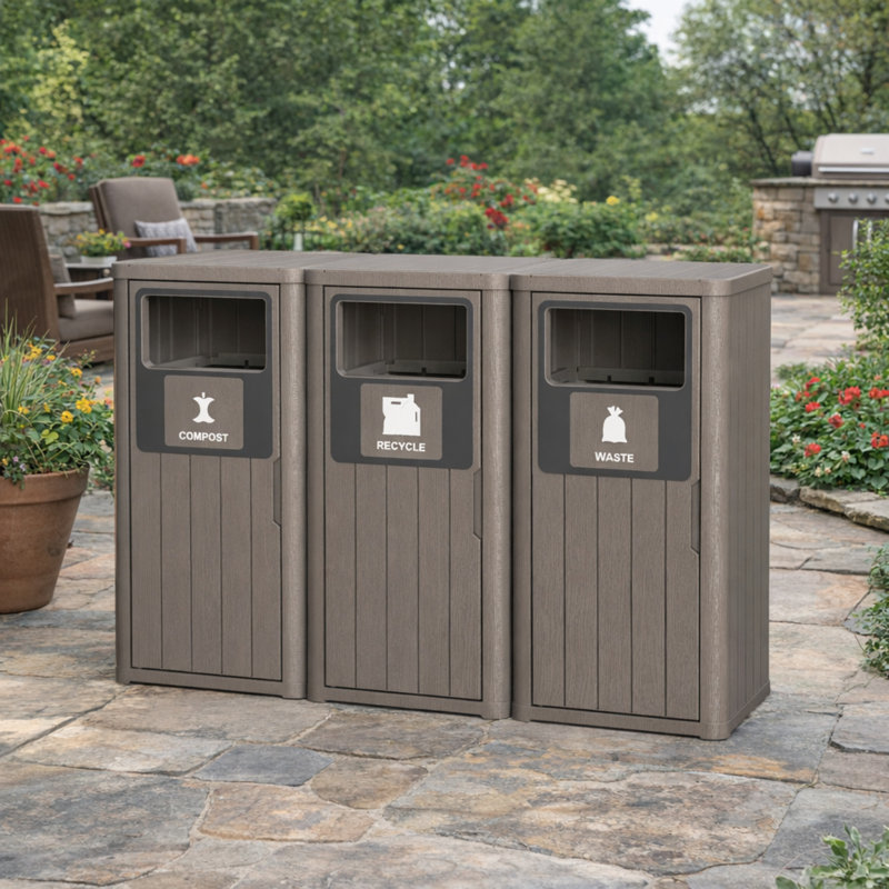 Poubelle d'extérieur 63 gallons triple style grain de bois avec triple couvercle, Brun