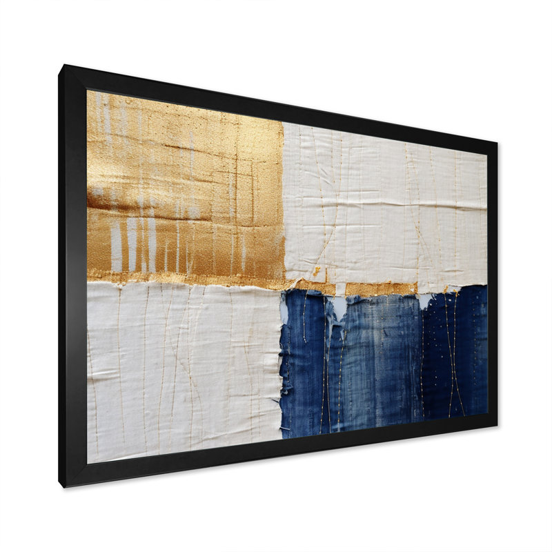 A Touch of Gold and Kings Blue - peinture abstraite, art mural, H 16 po x l 32 po x P 1 po, Cadre photo noir