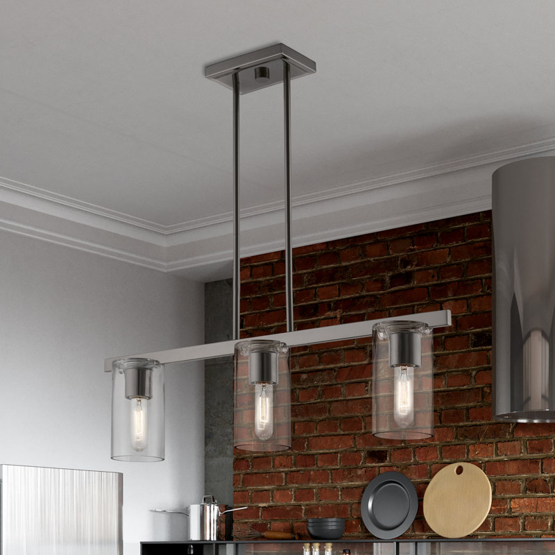 3 - Light Dimmable Kitchen Island Square / Rectangle Chandelier, Black Chrome