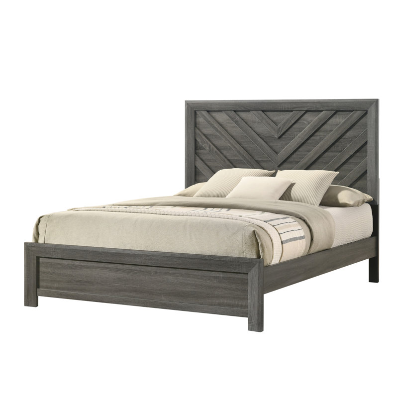 Cadre de lit contemporain à finition grise rustique avec tête de lit à motif géométrique, incontournable de la chambre à coucher et décoration