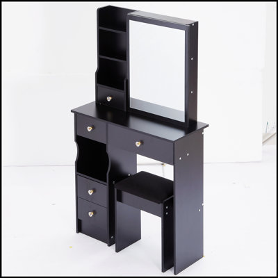 Table de coiffeuse compacte 29,2 pouces avec tiroir gauche, tabouret rembourré, grand miroir coulissant et rangement multicouche pour les petits espaces