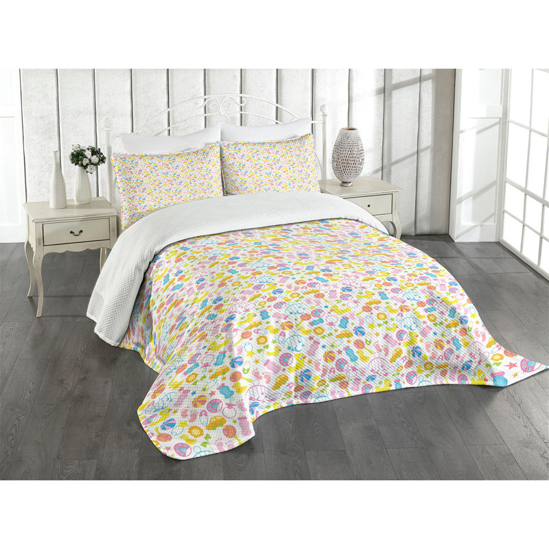 Ambesonne Cartoon Bedspread Set  of Pattern  Multicolor, King Coverlet / Bedspread + 2 Standard Shams