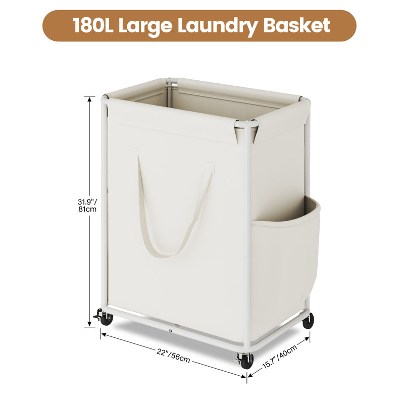 180L Large Laundry Hamper with Wheels, Rolling Laundry Basket with Metal Frame and Removable Bag Design, Dirty Clothes Laundry Cart for Bathroom, Dorm Room, Laundry Room, White
