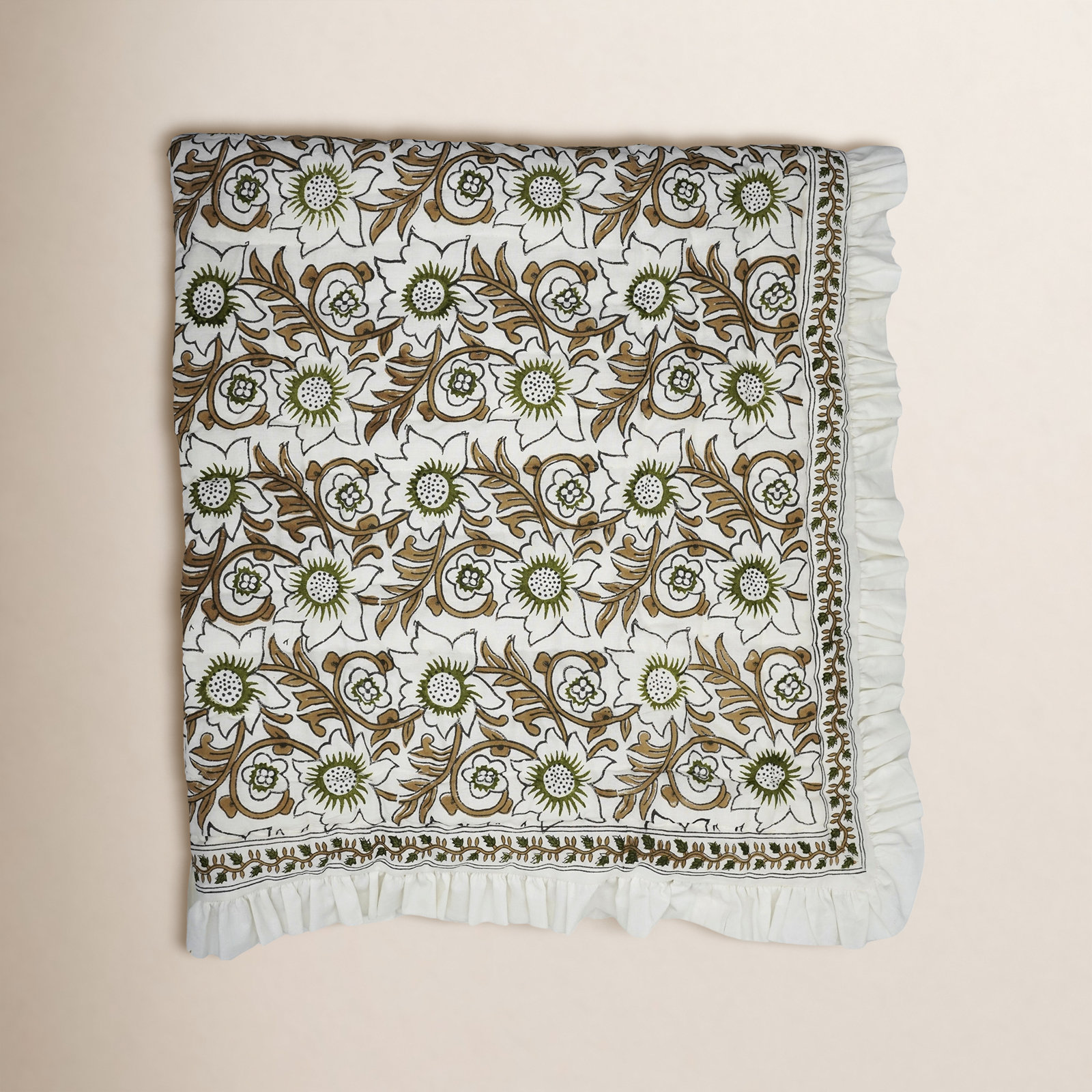 Cotton Quilted Throw Blanket, Brown/Green/White, King Us