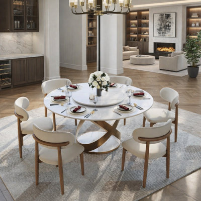 Table de salle à manger ronde moderne, plateau de table en pierre frittée avec plateau tournant, base en acier au carbone pré-assemblée