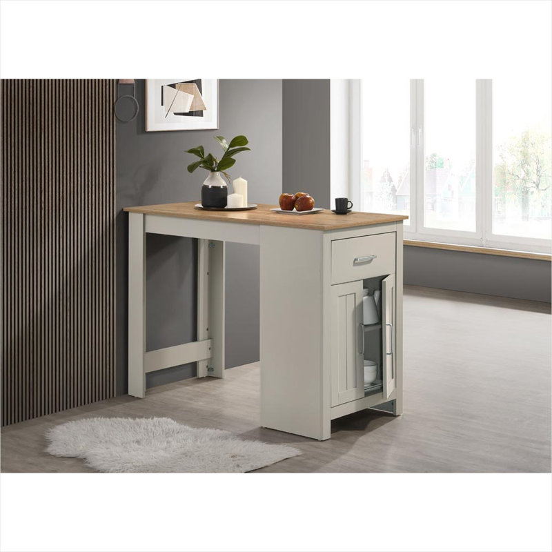 Table de salle à manger à hauteur de comptoir peu encombrante avec rangement, bois massif gris clair, 4 places assises