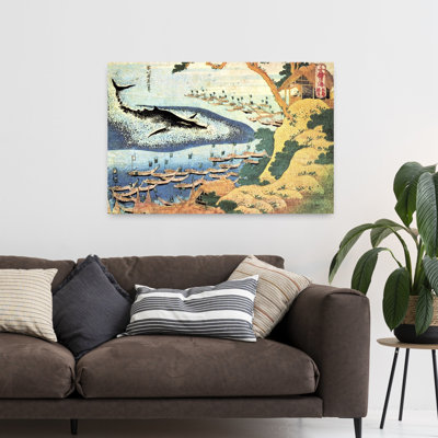«Whaling Off Goto From Oceans Of Wisdom, 1834», reproduction d'art classique rétro sur fond de baleine côtière