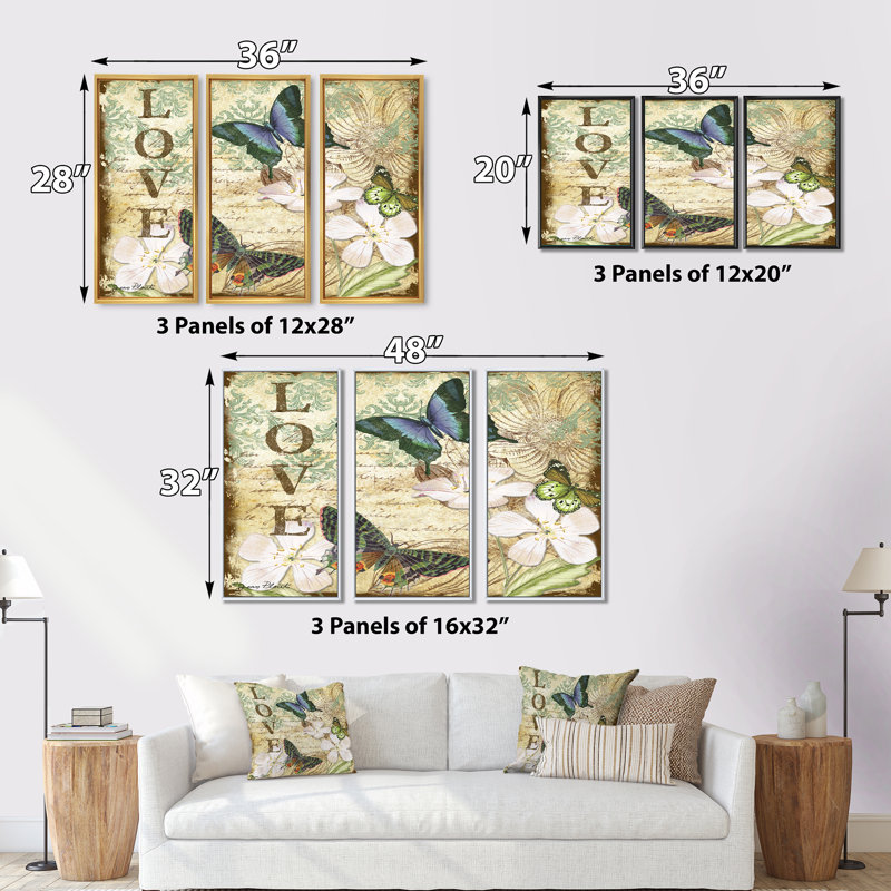 «Inspirational Butterflies Love», ensemble de 3 toiles encadrées sur toile, Noir, H 28 po x l 36 po x P 1 po