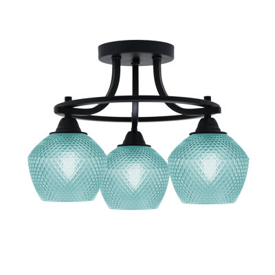 Paramount 3 Bulb Semi Flush Matte Black Finish 6" Turquoise Glass