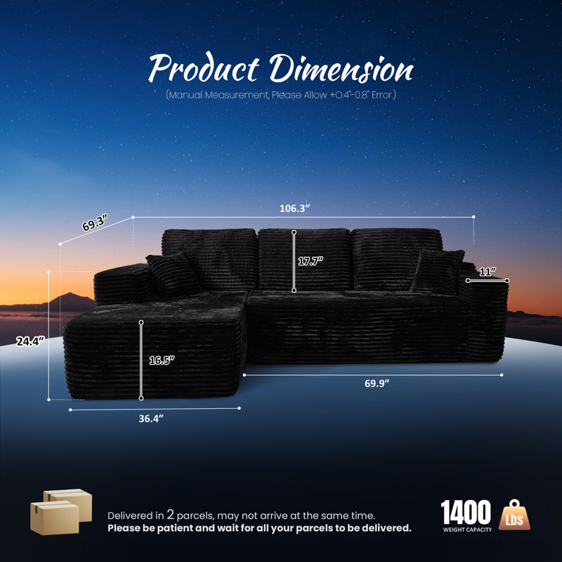 Boneless 2 - Piece Upholstery Compression Sectional, Convertible Cloud-Like Sofa with No Assembly, Left Hand Facing, Black 
