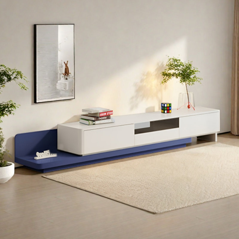 Meuble télé moderne en bois rétractable, Crème/bleu, H 11,81 po x L 78,74 po x l 15,75 po