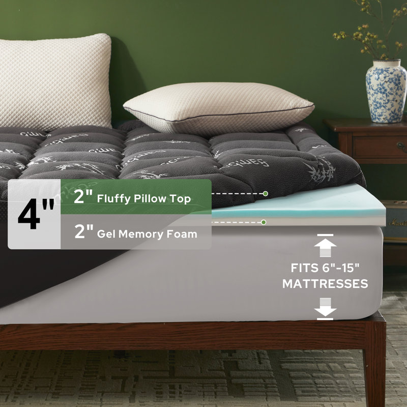Surmatelas en mousse à mémoire de forme 4 po BEDLORE® avec housse en rayonne de bambou, mousse à mémoire de forme rafraîchissante de 2 po et coussin en bambou respirant moelleux de 2 po avec poche profonde de 6 à 18 po, pour soulager les maux de do