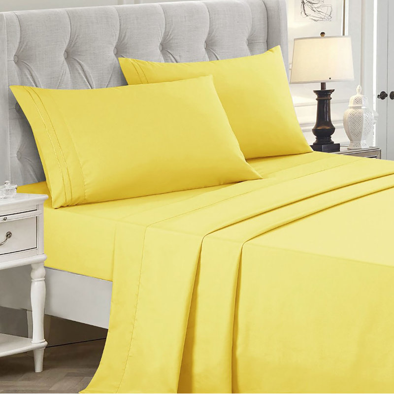 Sheet Set 2000 Embroidery Soft Cozy 14" Deep Pocket, Yellow, Twin Sheet Set with Fitted Sheet + 1 Pillowcase