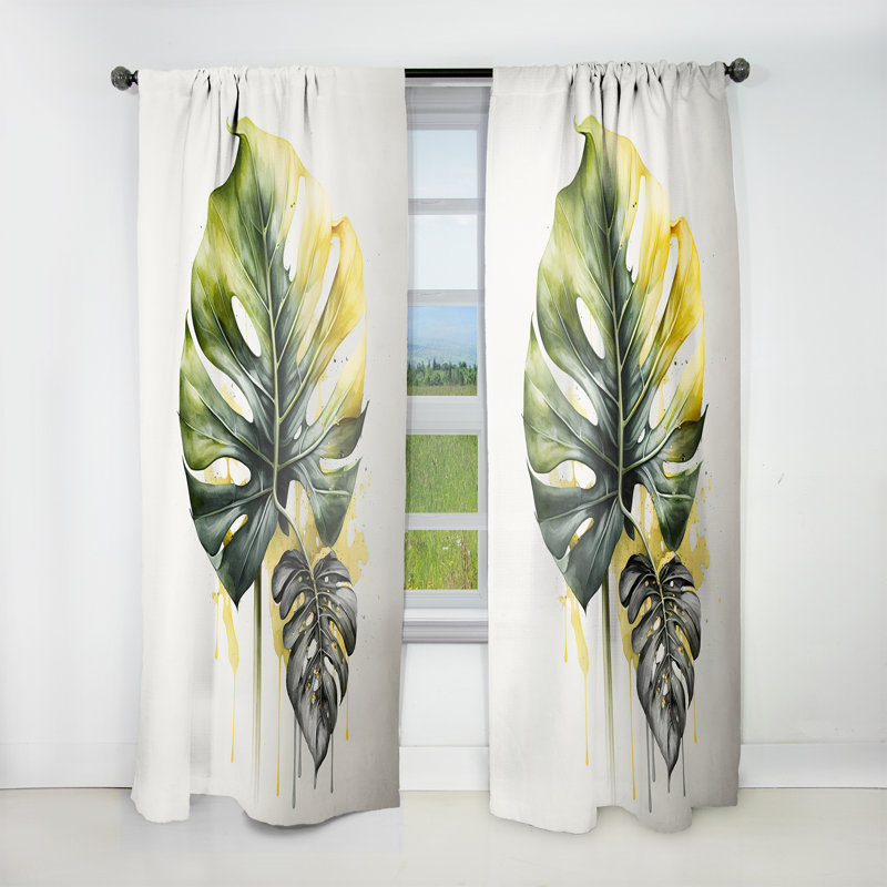 Elyssa - Yellow And Grey Philodendron Leaf II - Traditional Curtain - Velvet Room Darkening - 1 panel, 52" W x 90" L