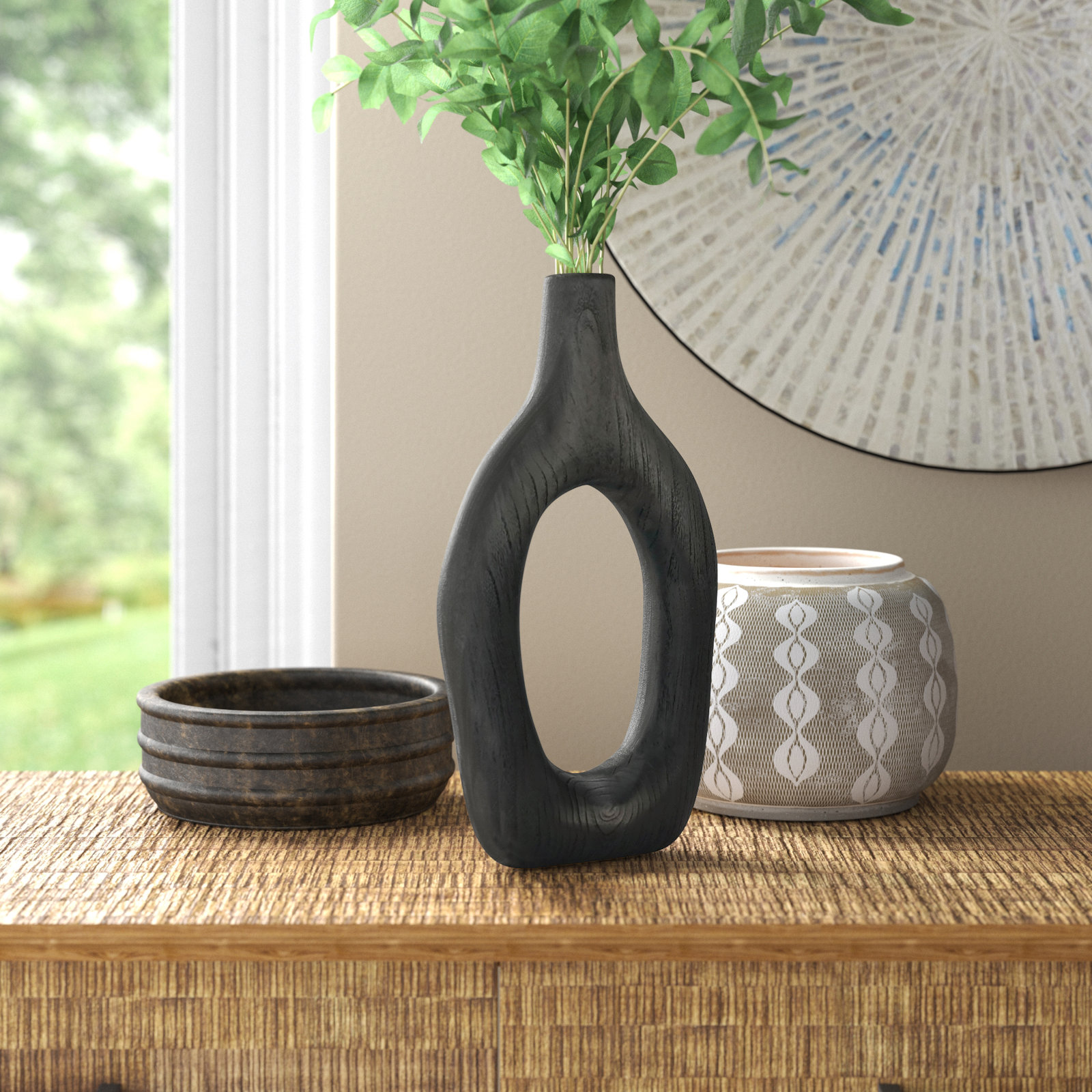Rustic Wood Decorative Vase, Black