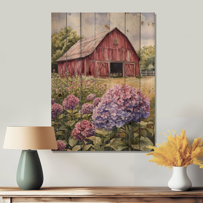 Hydrangeas In The Lavender Color Barn II - Hydrangea Wood Wall Decor - On Natural Pine Wood