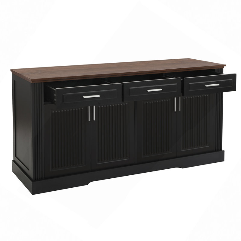 Buffet de 63 pouces avec rangement cannelé, station de café avec 4 portes et 3 tiroirs, console de rangement en bois pour le salon, la salle à manger et le vestibule