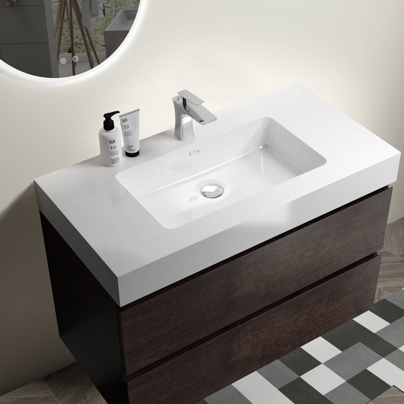 Meuble-lavabo en noyer avec évier 36 po - Grand rangement, lisse et silencieux, moderne, évier avec poignée, Noyer, Blanc