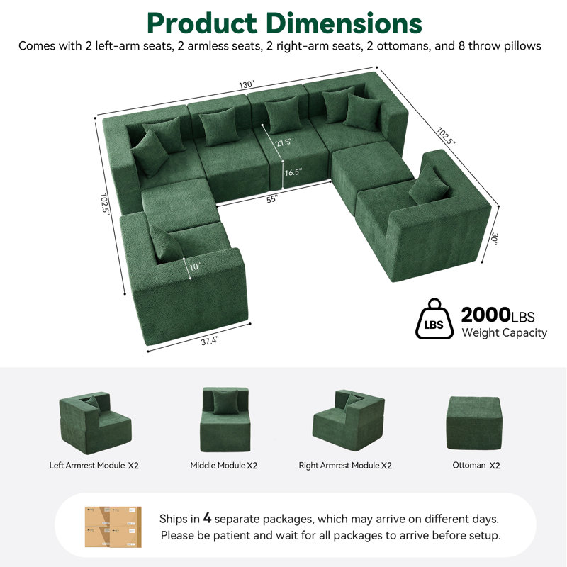 Cloud Modular Sectional Couch Sofa With 8 Pillow,Modern 8 Seater Boneless Sofa For Living Room,no Assembly Couches