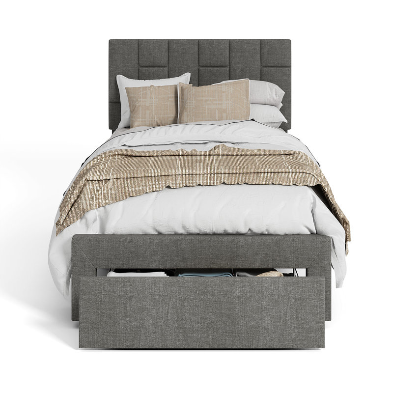 Lashawnda Modern Style Fabric Upholstered Bed Twin Size Platform Bed With Storage Drawer, Gray