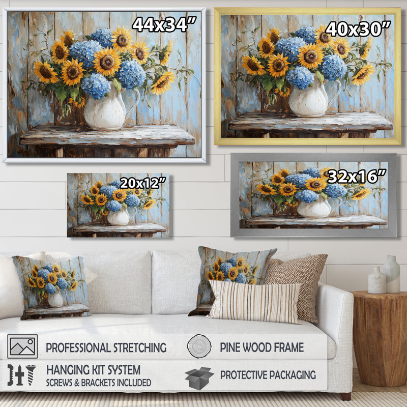 «Dubon Hydrangeas And Sunflowers Farmhouse I - Hydrangea», art mural, H 16 po x l 32 po, Toile tendue, Ne s’applique pas