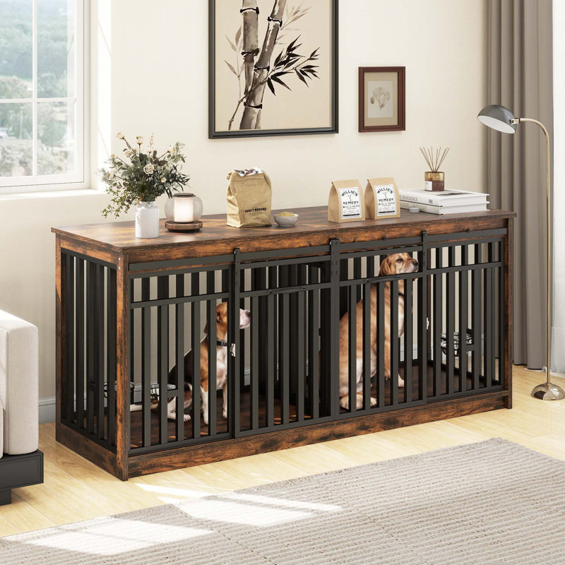Archie & Oscar™ 71'' Double Dog Crate Furniture With Sliding Doors & Bowl, Brown