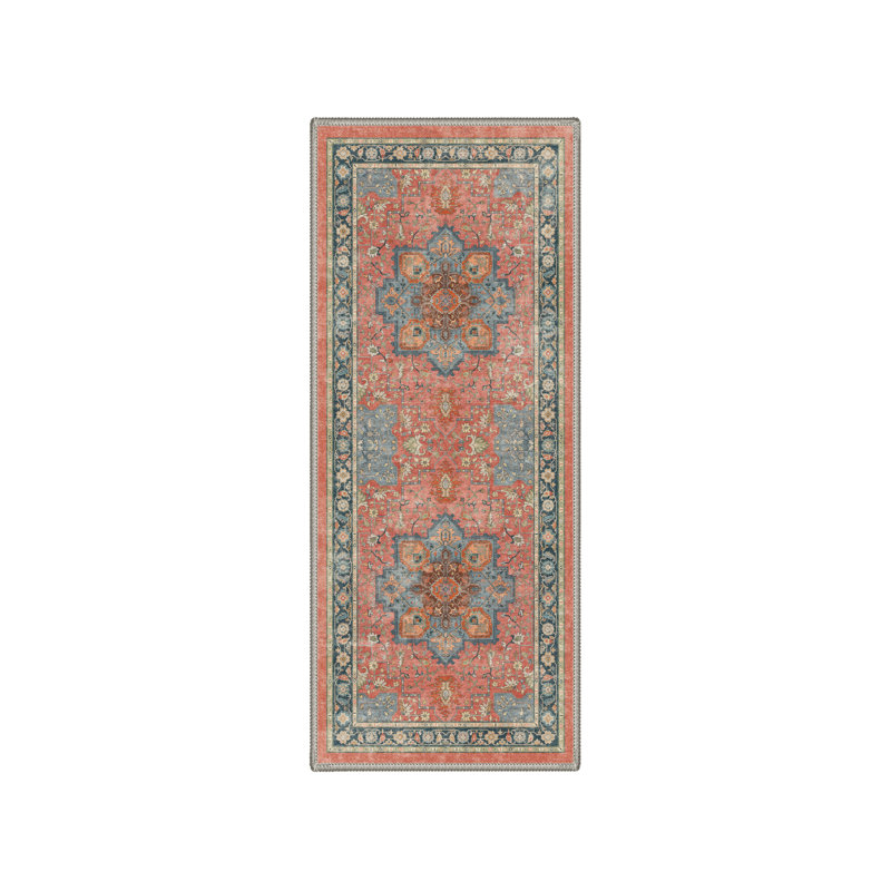 Roehit Oriental Performance Rust / Navy 2' x 7' Runner Rug, Machine Washable, Runner 2' x 7'