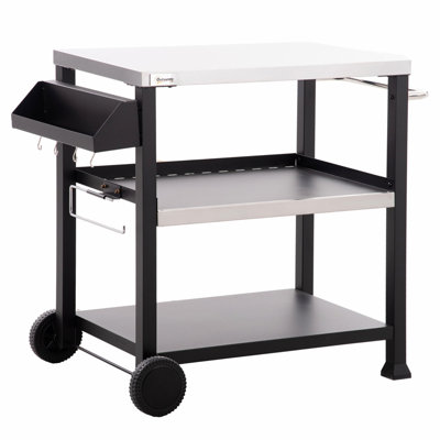 Three-Shelf Outdoor Grill Cart with Stainless Steel Tabletop, Side Handle, 32" x 20.5" Multifunctional Pizza Oven Stand, Movable Food Prep Table on Wheels, Black